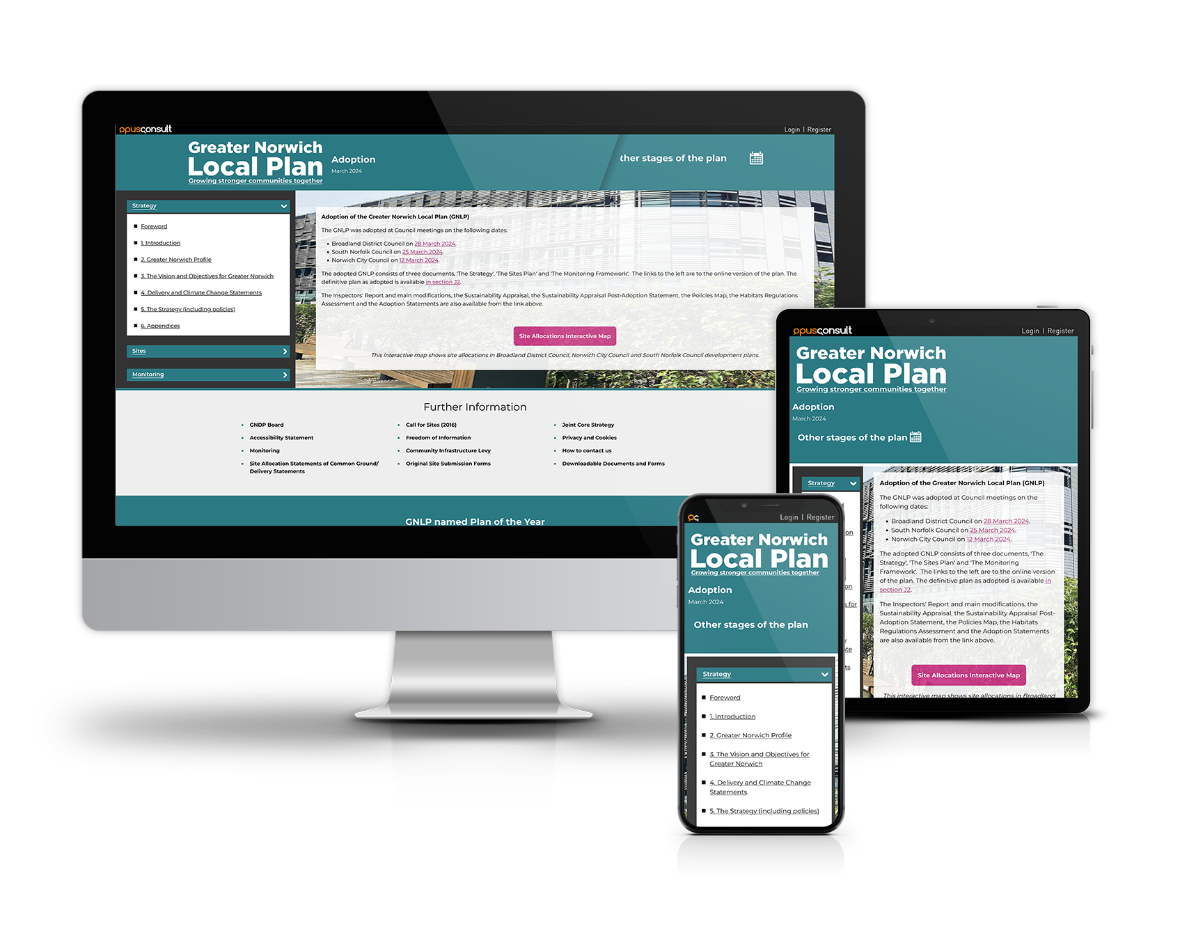 Responsive layout of the Greater Norwich Local Plan website across desktop, tablet, and mobile.