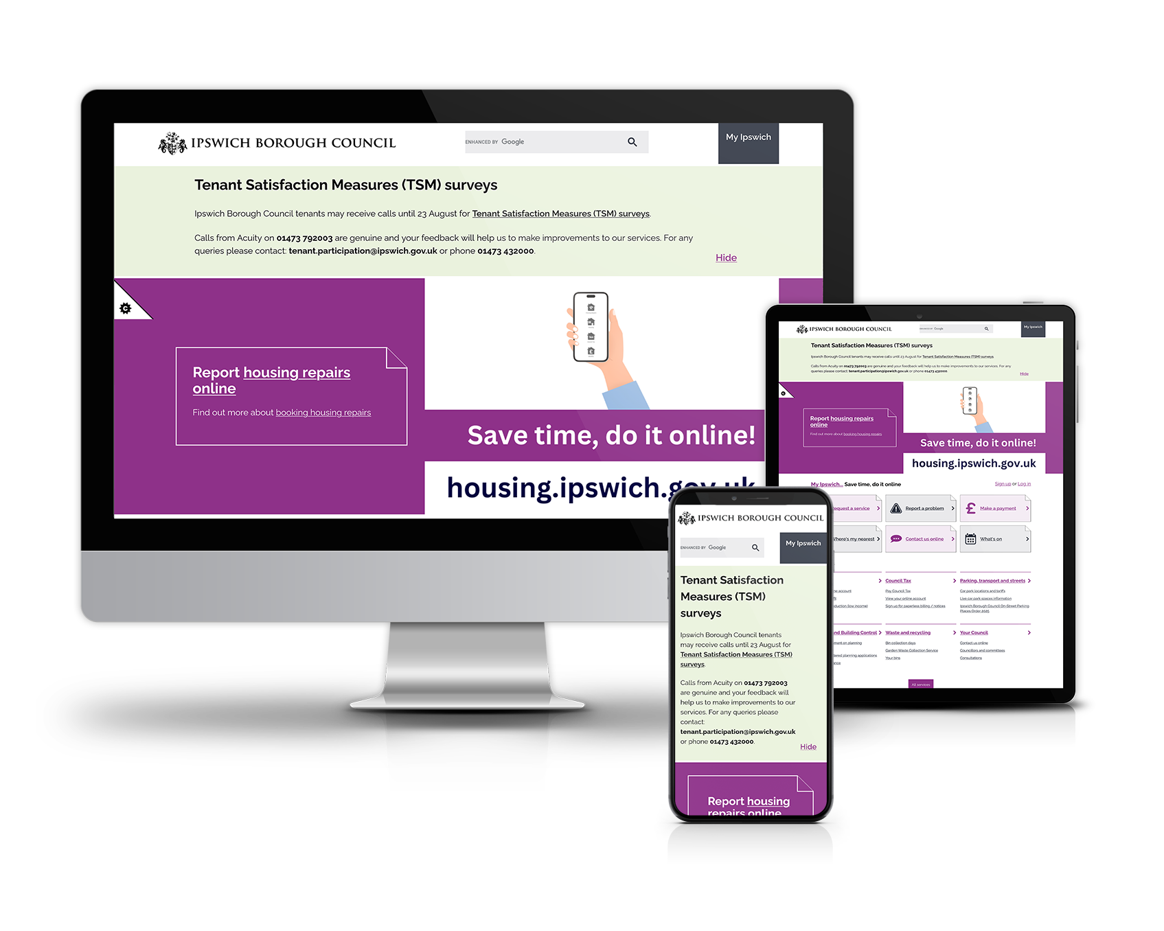 Responsive layout of the LocalGov Ipswich website across desktop, tablet, and mobile devices.