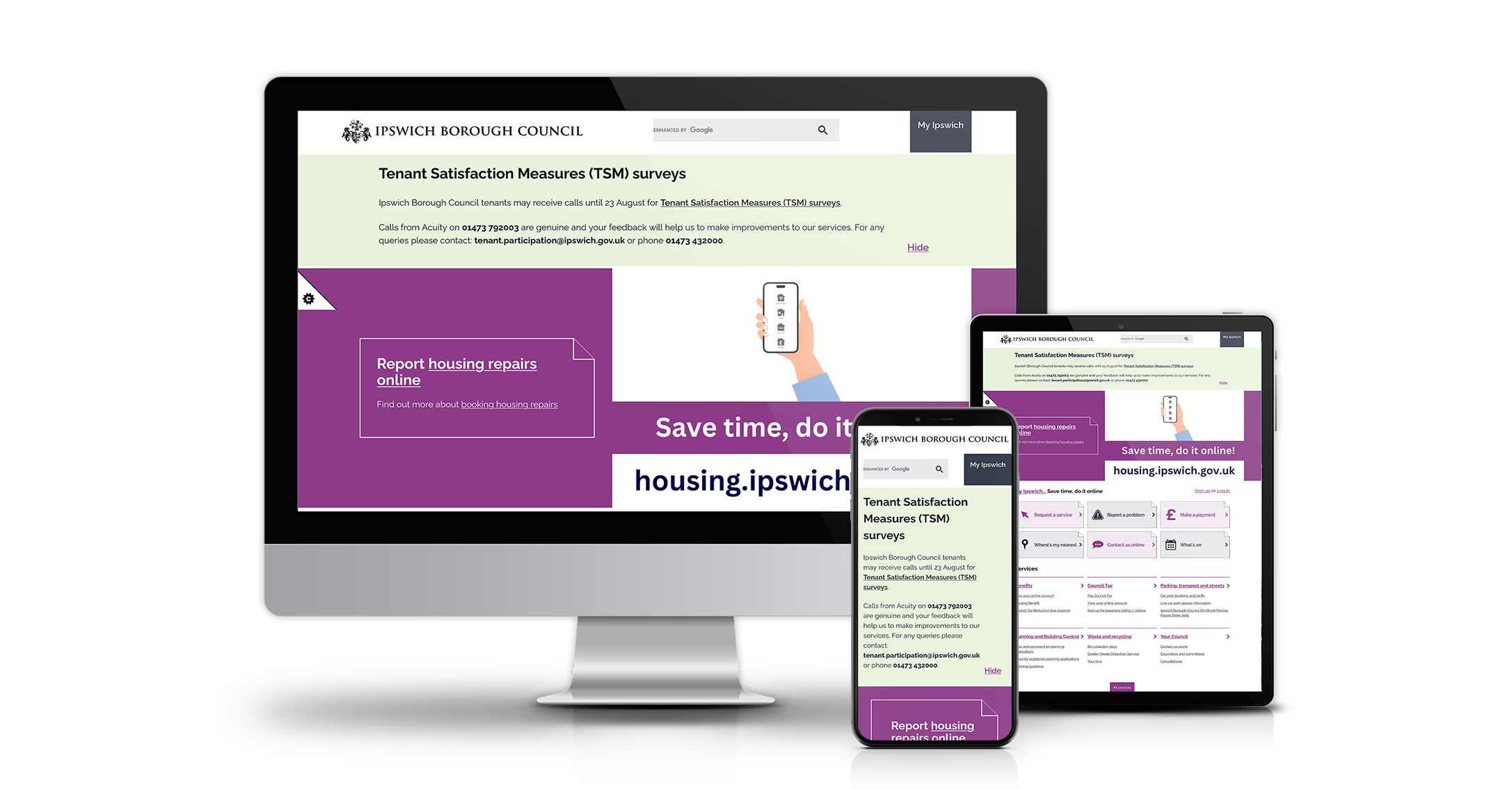 Mockups of the LocalGov Ipswich website demonstrating accessibility, responsiveness, and custom design.
