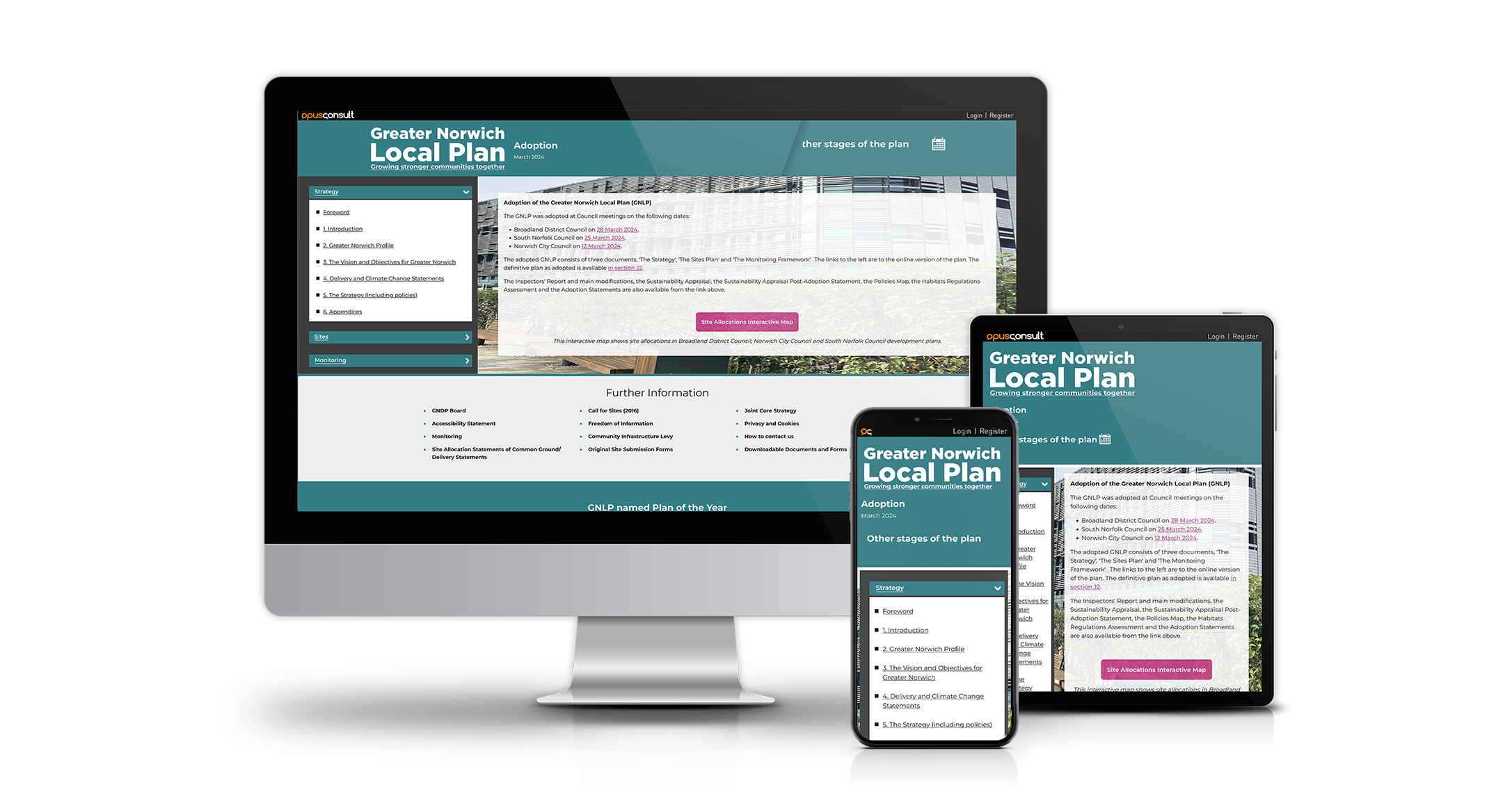 Mockups of the Greater Norwich Local Plan website demonstrating accessibility, responsiveness, and custom design.