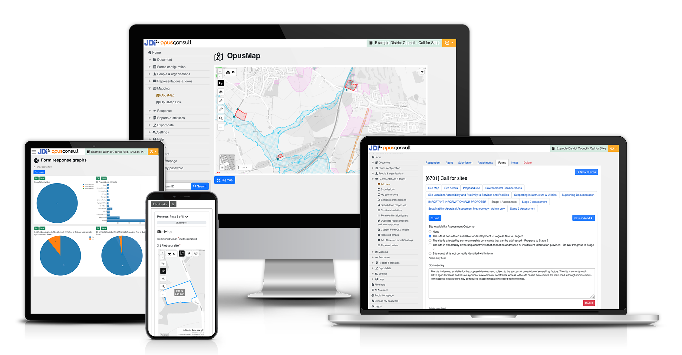 OpusConsult system mockups featuring OpusMap integration, responsive design, form graphs, and map tool functionality.