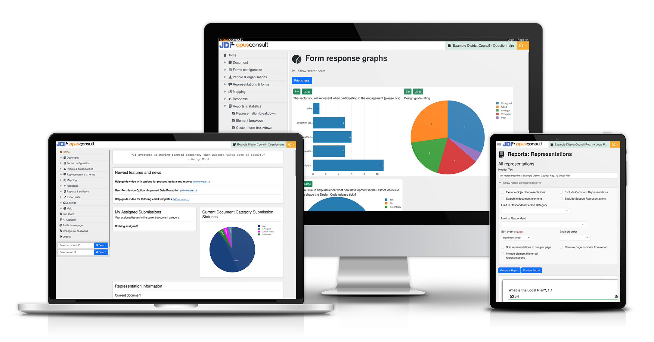 Mockups of the OpusConsult admin console demonstrating responsiveness across different devices and displaying graphs and reports of representations.
